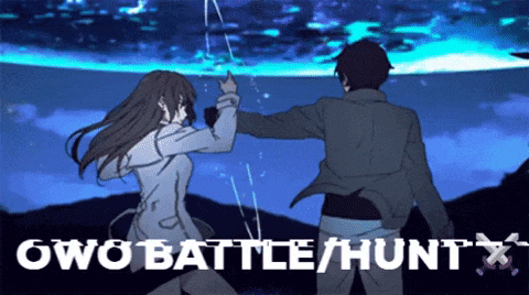 a man and a woman are standing next to each other with the words owo battle / hunt written on the bottom