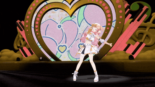 a girl with pink hair is standing in front of a large heart