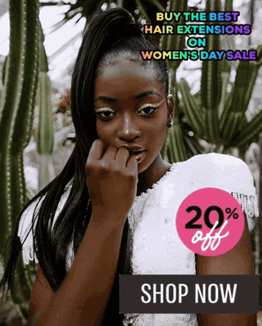 a woman with a ponytail and a sign that says buy the best hair extensions on women 's day sale 20 % off