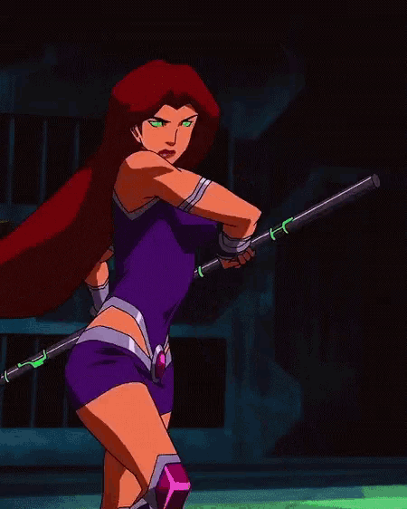 a cartoon character with red hair and green eyes is holding a green stick