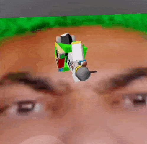 a close up of a person 's face with a cartoon character flying in the air