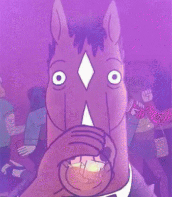 a cartoon horse wearing a suit and tie is standing in a room with a woman in the background .