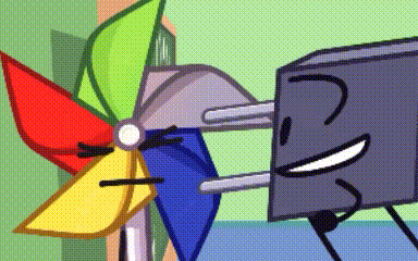 a cartoon character is standing next to a pinwheel and a power plug .
