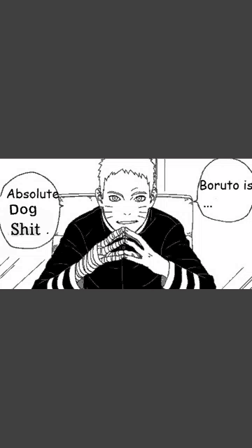a black and white drawing of a man sitting on a couch with the words `` boruto is absolute dog shit '' above him .