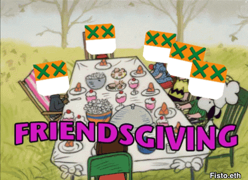 a cartoon of a group of people sitting around a table with the words " friendsgiving " on the bottom