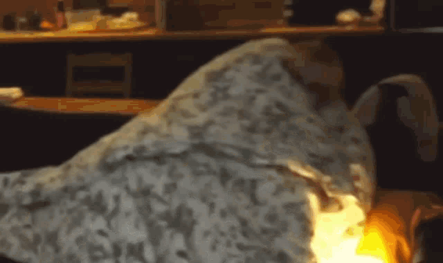 a person is laying under a blanket in a dark room with a lamp in the background .
