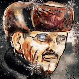 a painting of a man with blue eyes wearing a hat