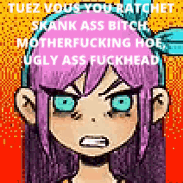 a pixel art of a girl with purple hair and blue eyes says tuez vous you ratchet