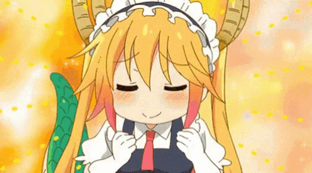 a cartoon girl with horns is wearing a maid outfit and tie .
