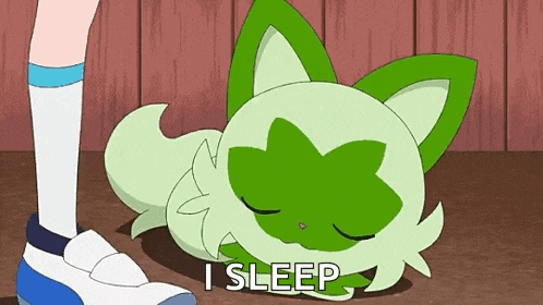 a green cat is laying on the floor next to a person 's feet and says i sleep .