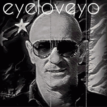 a black and white photo of a bald man wearing sunglasses with the words eyeloveyo below him
