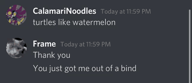 a screenshot of a discord conversation between frame and calamarinoodles