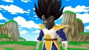 a man in a dragon ball z outfit is standing in front of a mountain .