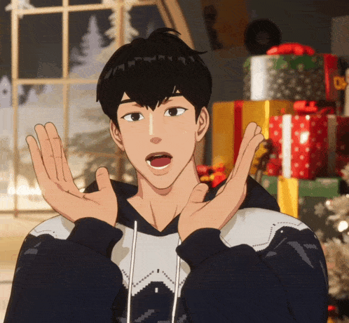 a man wearing a shark sweater is making a funny face in front of christmas presents