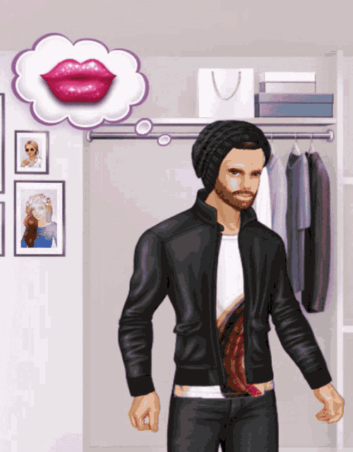 a man in a black jacket stands in front of a closet with a speech bubble with a woman 's lips in it