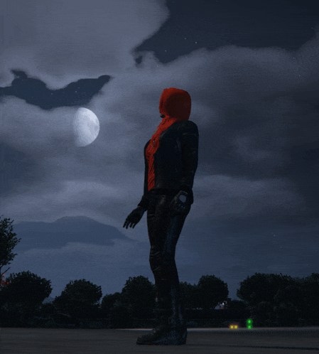 a person in a red hooded jacket stands in front of a full moon