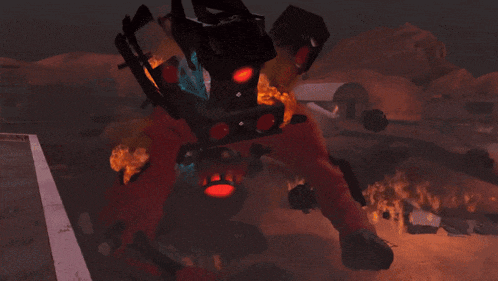 a robot with red eyes and a flame coming out of it 's mouth
