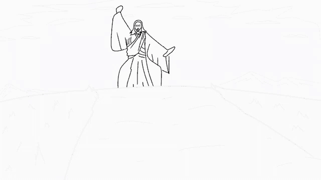 a black and white drawing of a statue of jesus on top of a hill with his arms outstretched .