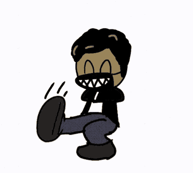 a cartoon character with a mask on his face is kicking his foot .