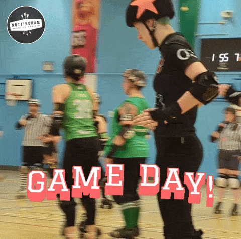 roller derby players on a court with the words game day in red letters