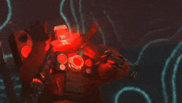 a computer generated image of a robot with a red light on