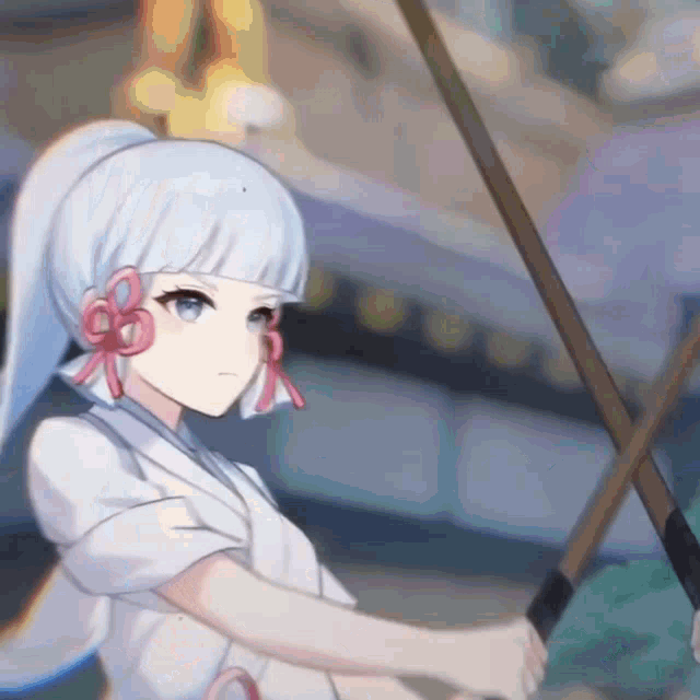 a girl with white hair is holding two sticks in her hand .