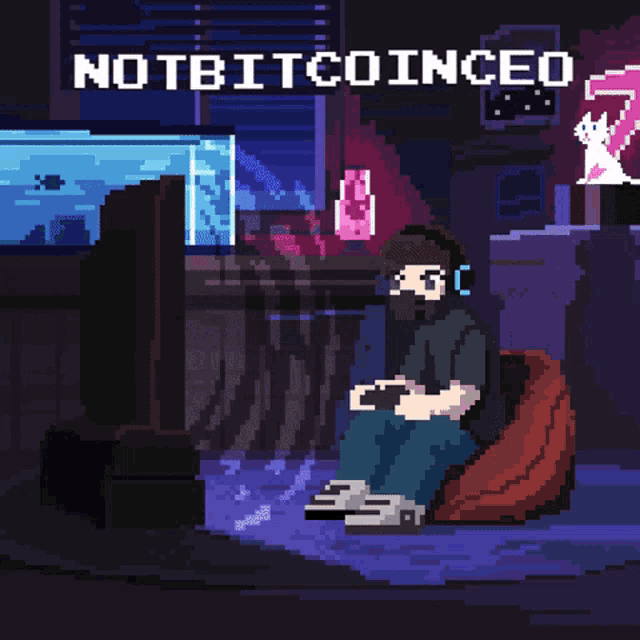 a pixel art of a man playing a video game with the words " notbitcoinceo " written above him