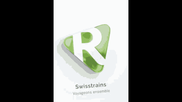 the logo for swisstrains is a green triangle with a white letter r inside of it .