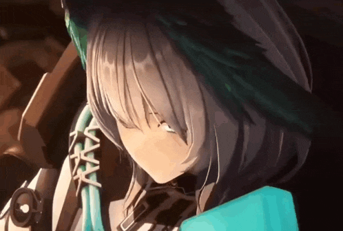 a close up of a girl with white hair and green feathers wearing a hat .