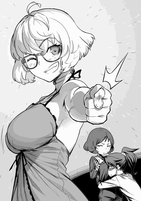 a black and white drawing of a girl pointing