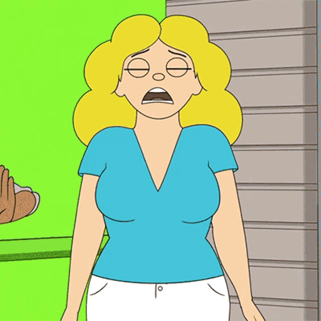 a cartoon of a woman with blonde hair and a blue shirt