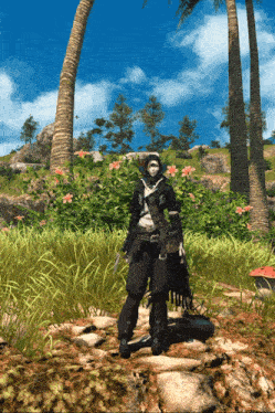 a person in a video game is standing in a field with palm trees
