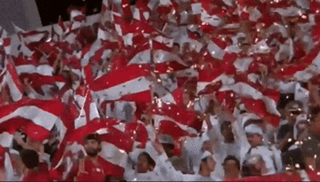 a crowd of people in a stadium with red and white flags