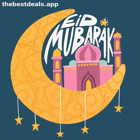 a greeting card for eid mubarak with a crescent moon and a mosque