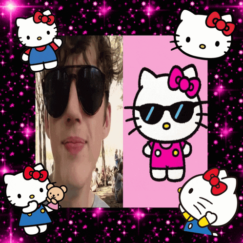 a man wearing sunglasses is surrounded by hello kitty pictures