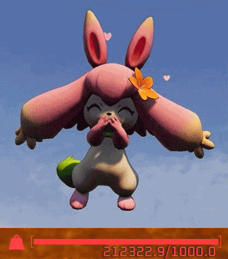 a cartoon character with pink ears and a flower on her head is flying through the air .