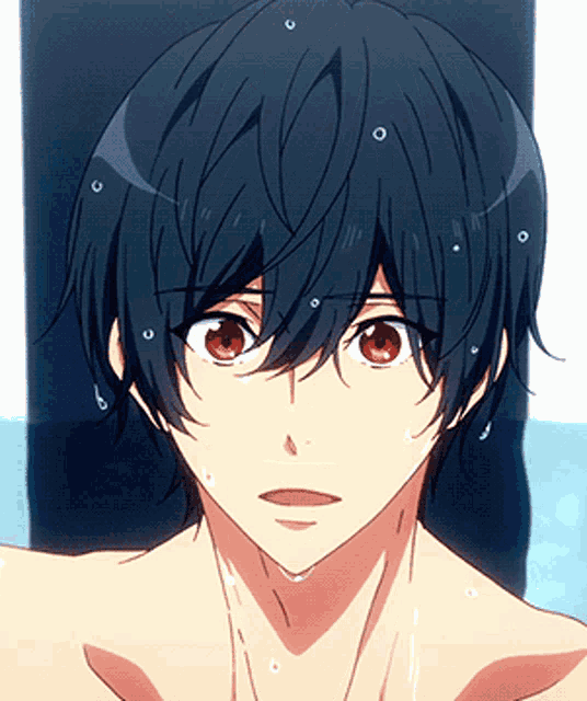 a close up of a person 's face with red eyes and black hair