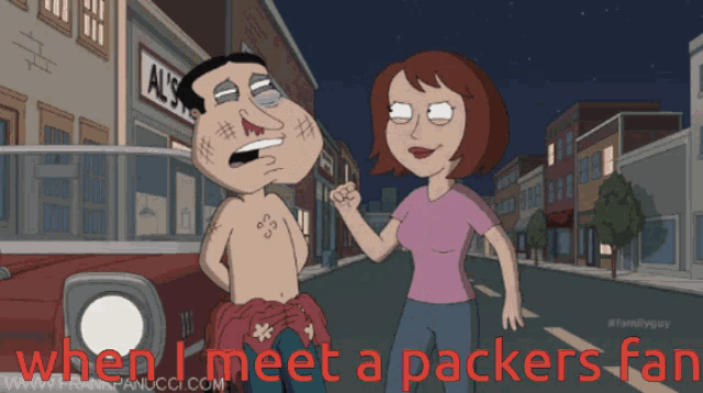 a cartoon of a man and a woman with the words " when i meet a packers fan " on the bottom