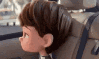 a cartoon boy is sitting in the back seat of a car with his head resting on the headrest .