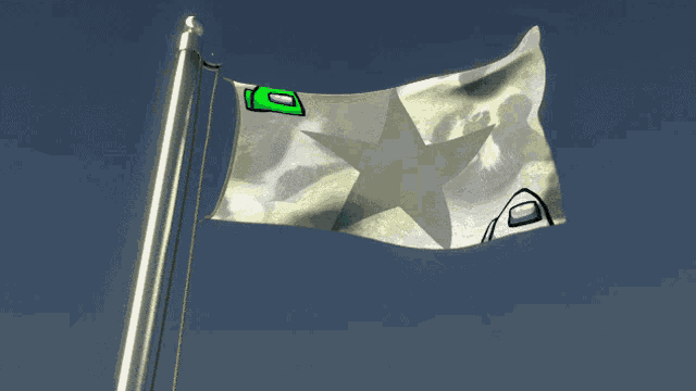a white flag with a green among us character on it