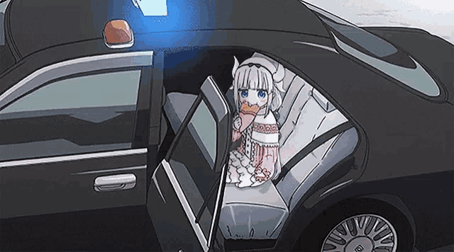 a cartoon girl is sitting in the back seat of a car eating a donut .