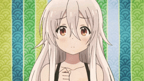 a girl with long white hair is pointing her finger at the camera