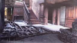 a staircase in a building with a broken floor