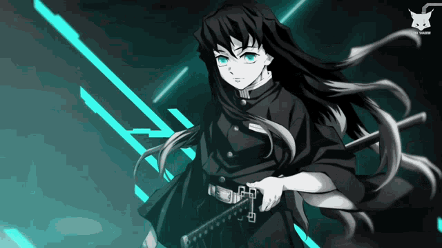 a black and white drawing of a girl with long hair holding a sword
