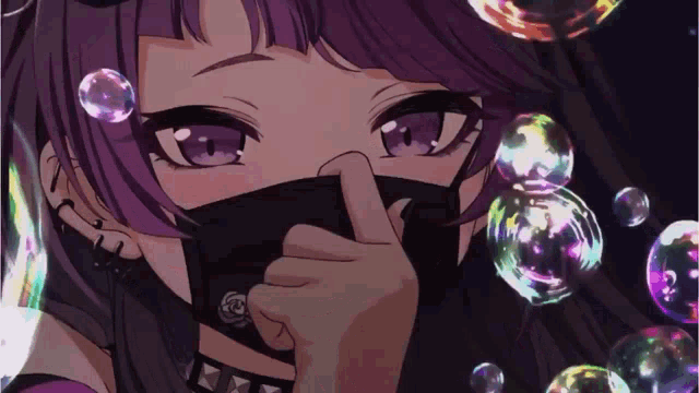 a girl with purple hair wearing a black mask surrounded by bubbles
