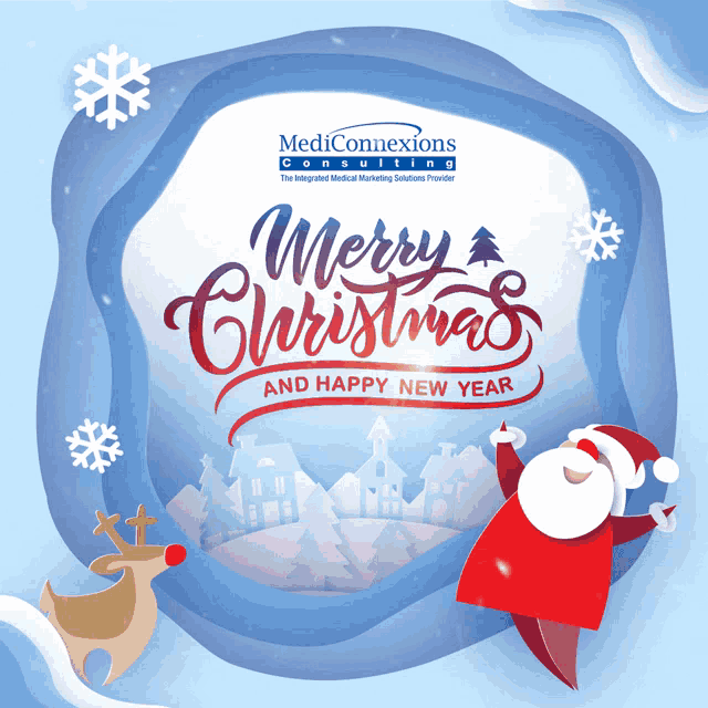a merry christmas and happy new year poster with santa claus and reindeer