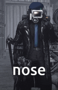 a man wearing a gas mask with the word nose on the bottom right