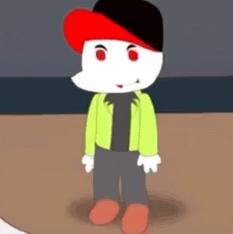 a cartoon character with red eyes and a red hat is standing on a wooden floor .