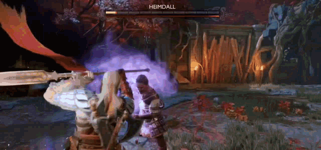 a video game character is fighting another character with a sword and shield in front of a boss named heimdall .