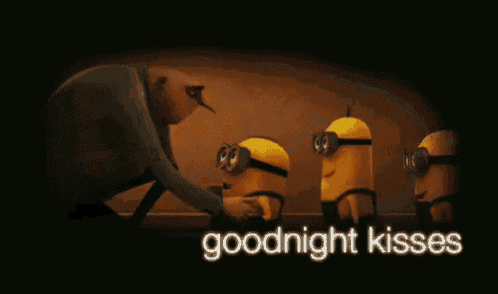 a cartoon of a man kissing three minions with the words " goodnight kisses " below it